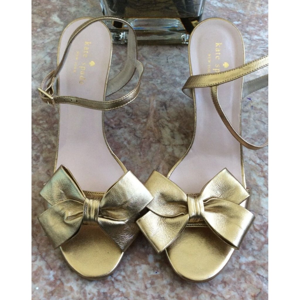 Kate Spade Iballa Gorgain Gold Metallic Leather Bow Wedge Heels 8.5m Euc, $255